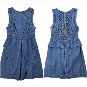 Free People New Romantics Denim Cutout Woven Peplum Layered Boho Dress Size‎ 4
